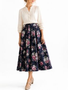 Capacity Knits Blue Vintage Floral Rose Navy Mauve Cotton Pocket Midi Skirt